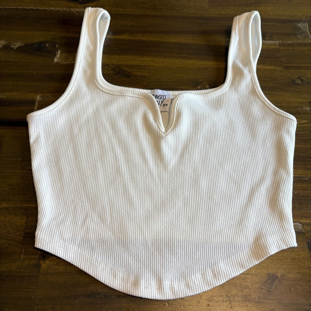Princess Polly Women’s 4 White Ribbed Tank Top Cropped V trendy Boho Layering